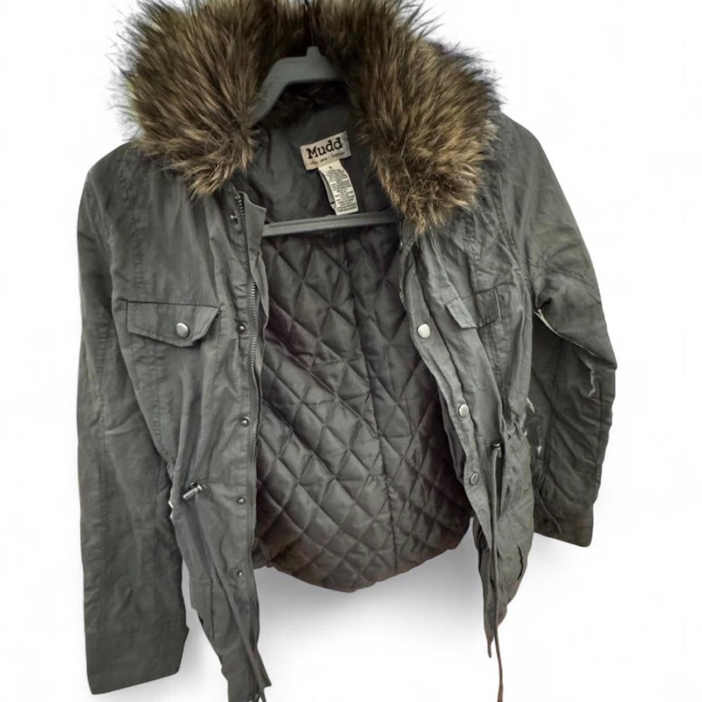 Mudd khaki quilted jacket with fur hood Size S